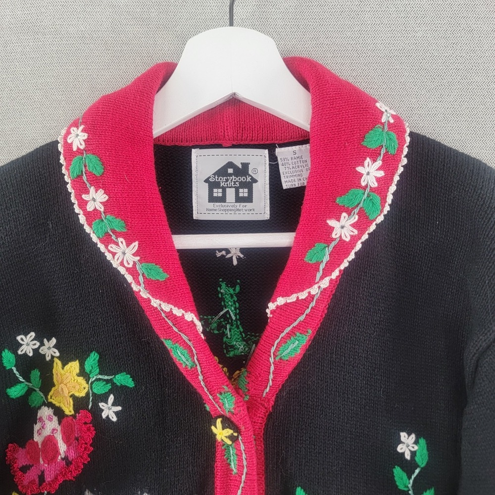 Storybook Knits Sweater Embroidered Cat Russian Nesting Doll Cardigan Size Small - Picture 2 of 11